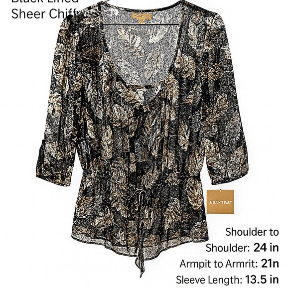 ellen tracy medium sheer lined tunic blouse abstract leaf print drawstring WS50 - Picture 2 of 7